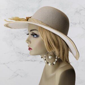 WHITE Paper Straw Hat with Floral Embellish Wide Brim Sun Beach Hat